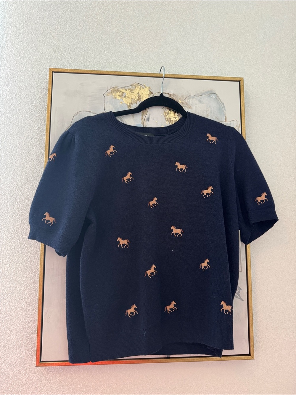 6/14 Calligraphie Navy Short-Sleeve Sweater with brown horse stitching  Detail